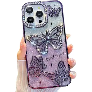 Girly Designed for iPhone 14 Pro Max Bling Case 6.7",Cute Diamond 3D Glitter Butterfly Plated Slim Case Luxury Shockproof Protection Cover for Women Girls(Purple)