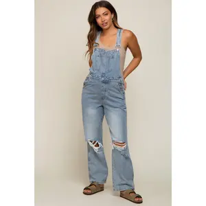 Light Wash Distressed Maternity Overalls