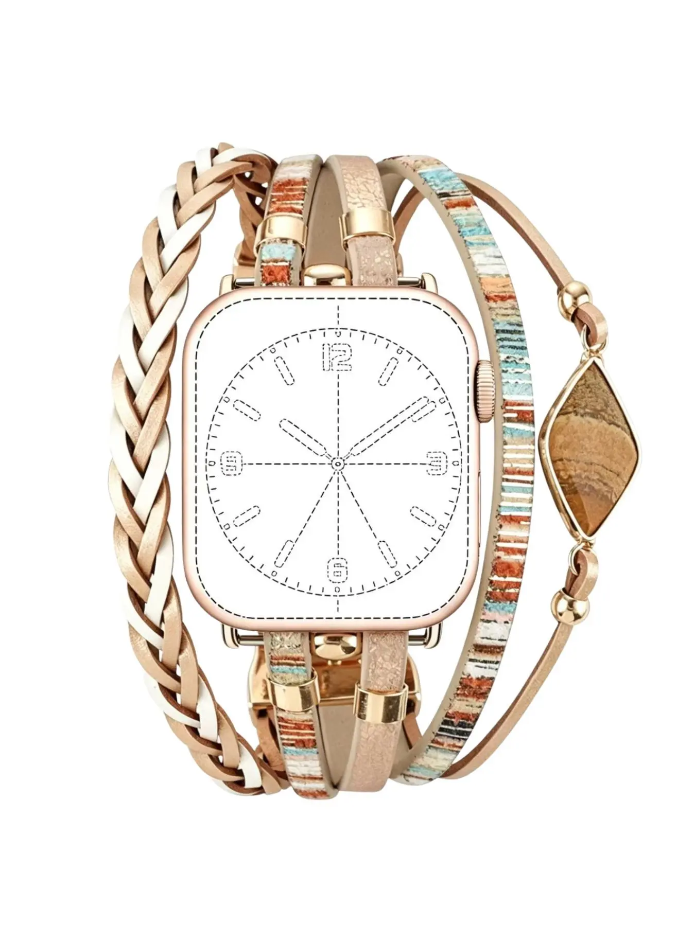 Handmade PU Braided Watch Band for Apple Watch Series 4-9, Ethnic Boho Style, Plastic Dial Window, Alloy Case, All Seasons, Watch Straps, Wearable Accessory