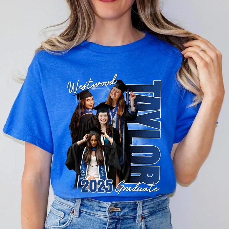 Personalize Photo 2025 Graduate Shirt for Women Proud Family Member Senior Graduation Tee with Name Photo 2025 Black Cotton Round Neck Short Sleeves