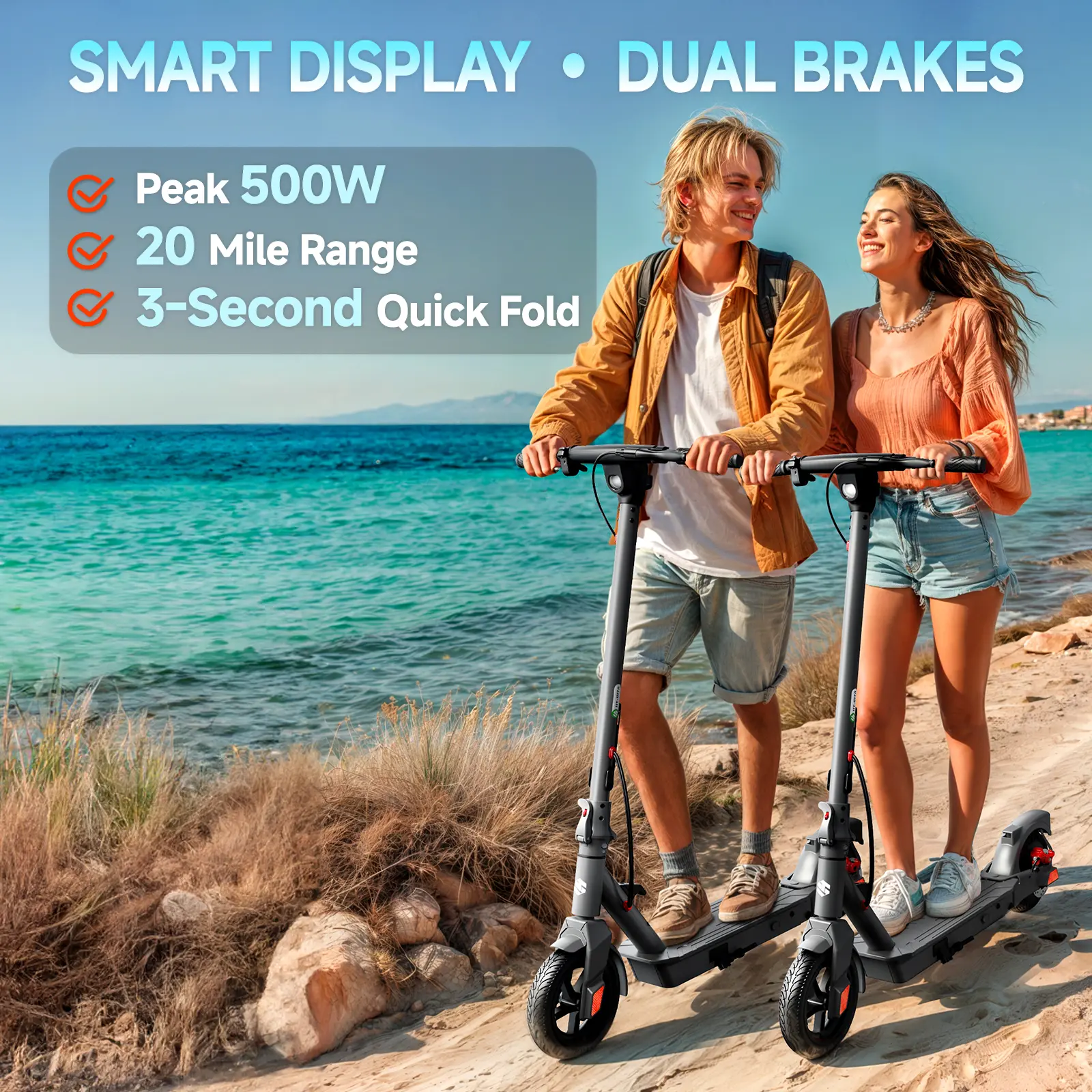 【TST Foldable Off-Road Electric Scooter】350W Motor, 19 MPH Max Speed, 20 mi Range, Honeycomb Tires (8.5'' Front Pneumatic, 10'' Rear Solid), Dual Suspension, App Connection, Auto Light System