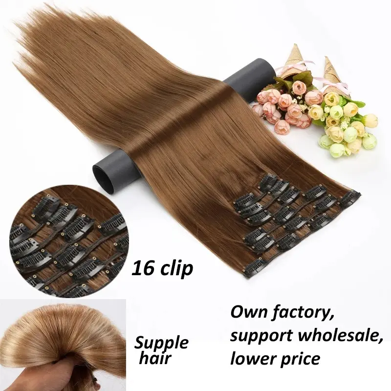 New  Synthetic 6pcs/set Long Straight Clip-in Hair Extension Invisible Seamless Extension Black Brown Hairpiece for Women