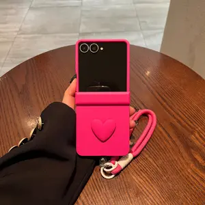 Hinged Soft-Touch Case - Rose Pink + Rose Pink Small Hearts + White-Rose Pink Wrist Strap for Samsung Galaxy Z Flip 7 / Z Flip 7 FE / Z Flip 6 / Z Flip 5 / Z Flip 4 / Z Flip 3