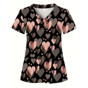 Women'S Scrub Top with Rose Golden Heart Print, V-Neck, Short Sleeve, Two Pockets, Elegant Polyester Knit, Professional Medical Uniform for Nurses, Healthcare Professionals, Hospital, Dental Clinic, Salon, Spring/Summer/Autumn Season