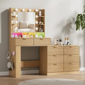 Makeup Vanity Desk with Mirror and Lights, 57" Fluted Vanity Dresser Combo & Storage Shelves, Vanity Mirror with Mirror and Lights with 8 Drawers, 3 Color Modes, Dressing Table Set for Girls,Oak