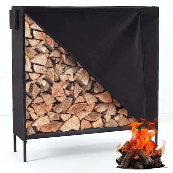 8FT Durable Firewood Rack Cover, Heavy-Duty 600D Oxford Material with Full Front Zippered Access, Windproof Straps, Waterproof Protection for Outdoor Woodpile Storage, All Seasons Use