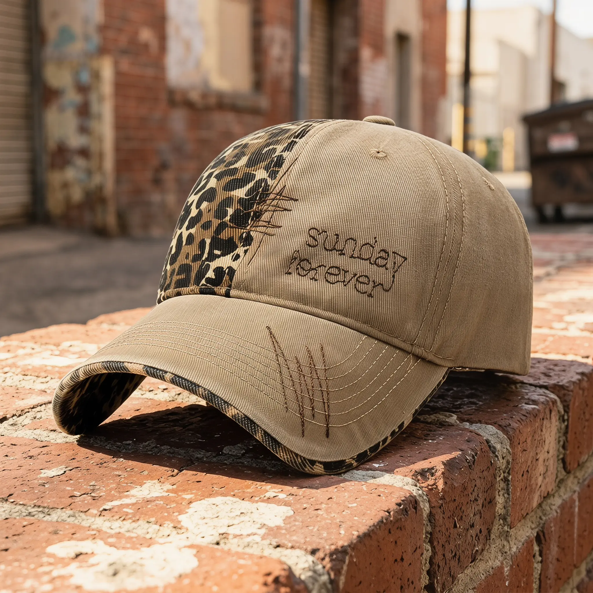 Unisex Leopard Patchwork Washed Baseball Cap Vintage Distressed Embroidered Curved Brim Sun Protection Top Hat