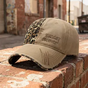 Unisex Leopard Patchwork Washed Baseball Cap Vintage Distressed Embroidered Curved Brim Sun Protection Top Hat