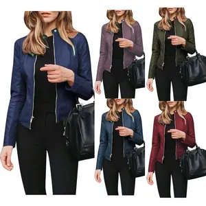 Women's Faux Leather Jacket,Moto Biker Jacket Outerwear, Long Sleeve Zipper Short Jacket