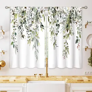 Eucalyptus Botanical Leaves Sage Green Floral Kitchen Window Curtains |     Over Sink Farmhouse Flower Leaf Small Treatment Cafe Short Curtains for Bathroom Treatment Tier Drapes 28"x40" Foldable Colorful Room Divider
