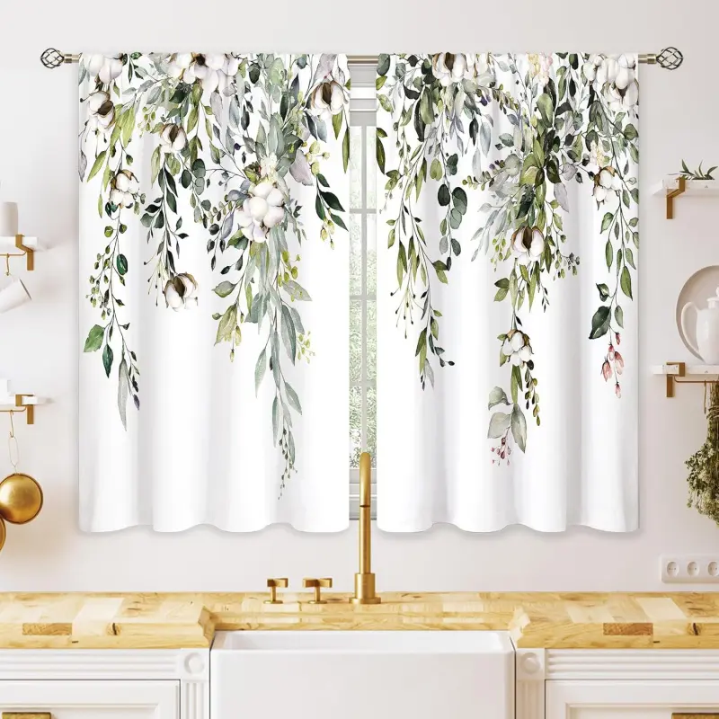 Double-Layered Eucalyptus Sage Green Botanical Leaf Floral Tier Curtains - 28(w)x40(h) Custom Drapery Panels with Curtain Rod, Farmhouse Look Set of 2, Over-Sink Fit Kitchen/Bathroom Window Treatment Decor