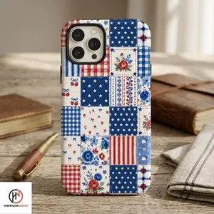 Patriotic Patchwork Phone Case, Red White Blue Floral Star Phone Cover, Vintage Americana Protective Case Cute USA Gift Idea
