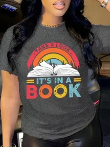 Plus Size Letter & Rainbow Print Tee, Casual Short Sleeve Round Neck T-shirt for Daily Wear, Women Plus Clothing for Summer