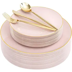 150 PCS Pink Plastic Plates for Party,Heavy Duty Pink Disposable Plates,Gold Dinnerware Set Include 30 Dinner Plates,30 Dessert Plates,30 Gold Plastic Silverware Set for Mother's Day