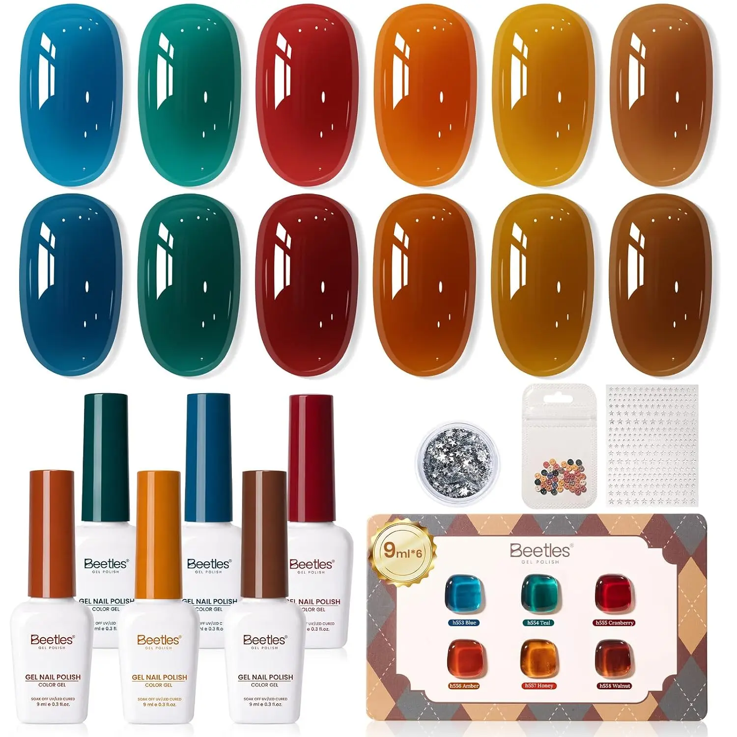 Beetles Retro Glaze Jelly Gel Nail Polish Set, 6 Colors 9ml Sheer Fall Gel Polish Kit in Amber Brown Blue Teal Burgundy Red Orange, with DIY Color Card, Nail Charms, Buttons & Glitter for Home Salon Manicure