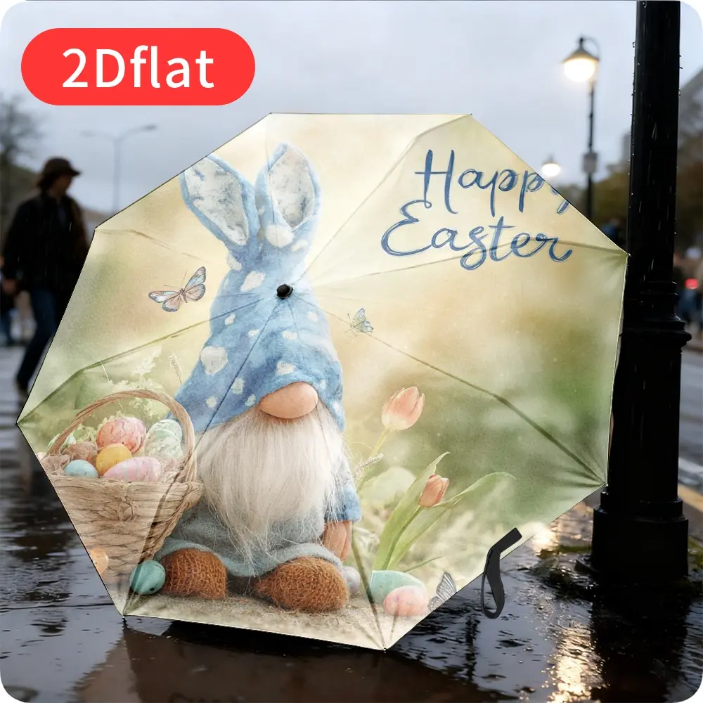 An Easter folding umbrella – featuring an adorable blue bunny design with colorful Easter eggs and flowers, lightweight and portable, perfect for holiday celebrations, durable canopy made of sturdy plastic and metal, in