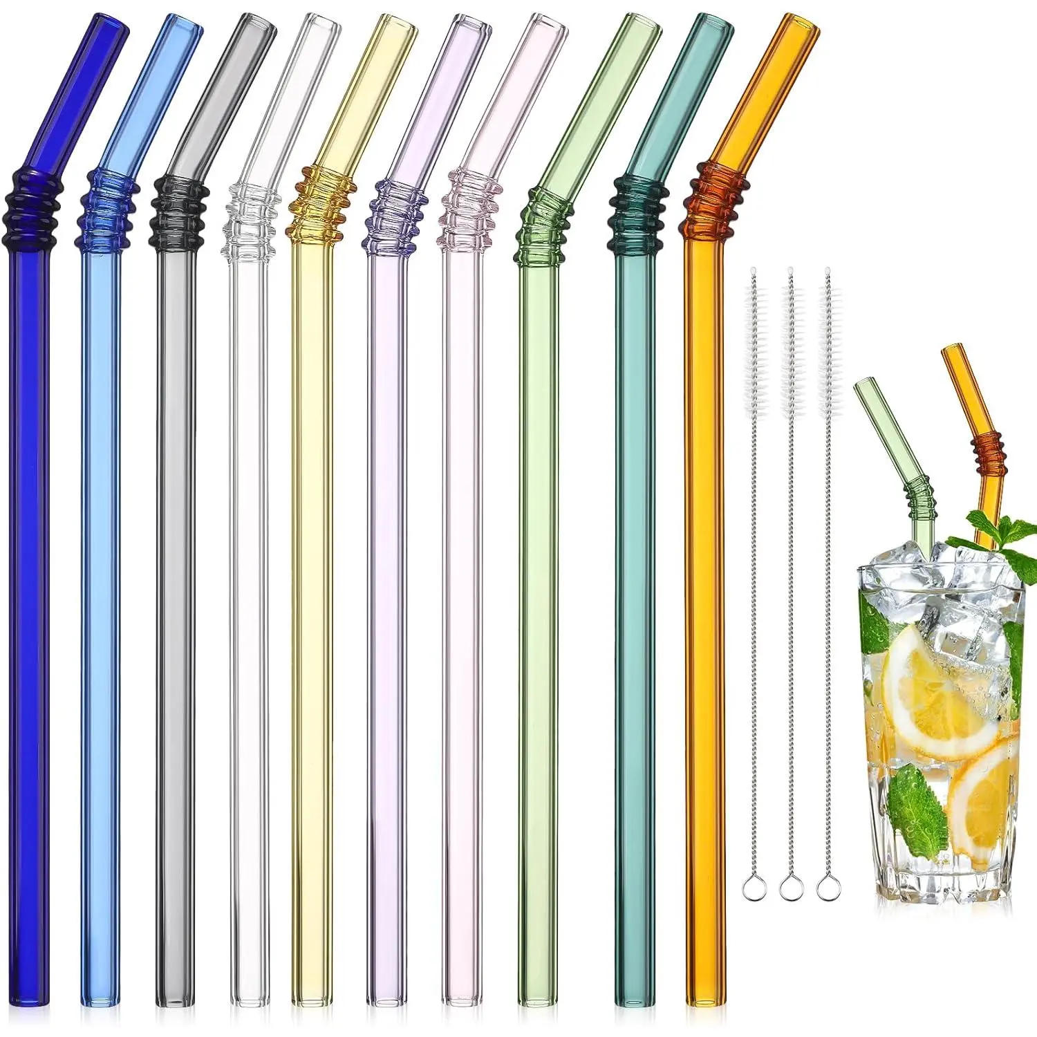 10 Pack  Glass Straws 8 x 8 mm Bent Colorful Glass Straws with 3 Cleaning Brushes for Smoothies, Milkshakes, Frozen Drinks, , Juice, Drink Party