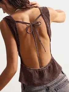 Glamine Summer Outfit Bohemela Women Casual Solid Color Knit Backless Fitted Camisole Stylish Tie Back Top for Vacation and Beach Wear