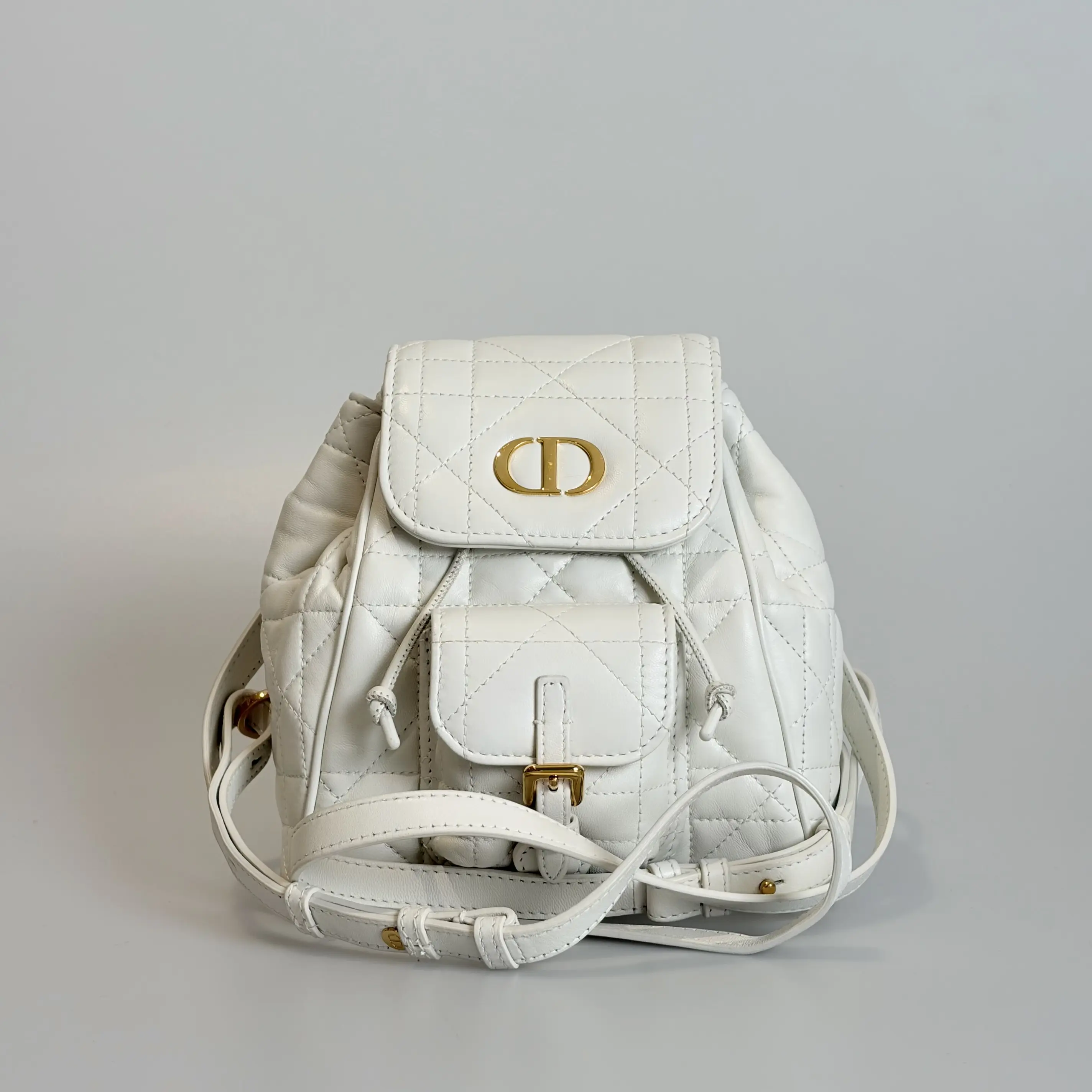 Pre-owned Dior Lambskin Backpack Caro Small White Cannage Gold tone Clasp 33020279 Sold As Is / Final Sale