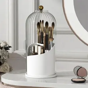 Lid-Covered Makeup Brush Organizer 360-Degree Rotating Waterproof and Dustproof Beauty Brush Storage Case Ideal for Vanity Tables and Bathrooms