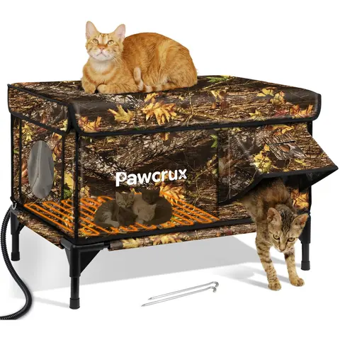 Pawcrux Outdoor Heated Cat House with Cozy Heat Pad, Waterproof, High Load-Bearing Indestructible Structure, 1-Way Escape Door, Ground Nails Included - Ideal for Barn Cats on Chilly Days (Brown Leaf, Army Green; Camera Not Included, Safety-Enhanced)