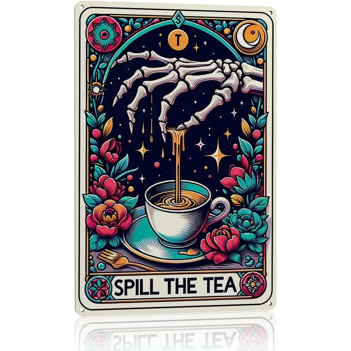 8x12 in Metal Aluminum Decorative Skeleton Skull Wall Plate Sign - Funny Spill the Tea Card Art, Sarcastic Witch Gift - Christmas Valentine Thanksgiving Funny Farmhouse Home Decor, Ready-to-Hang, Bathroom Decor Ideas, House Decor