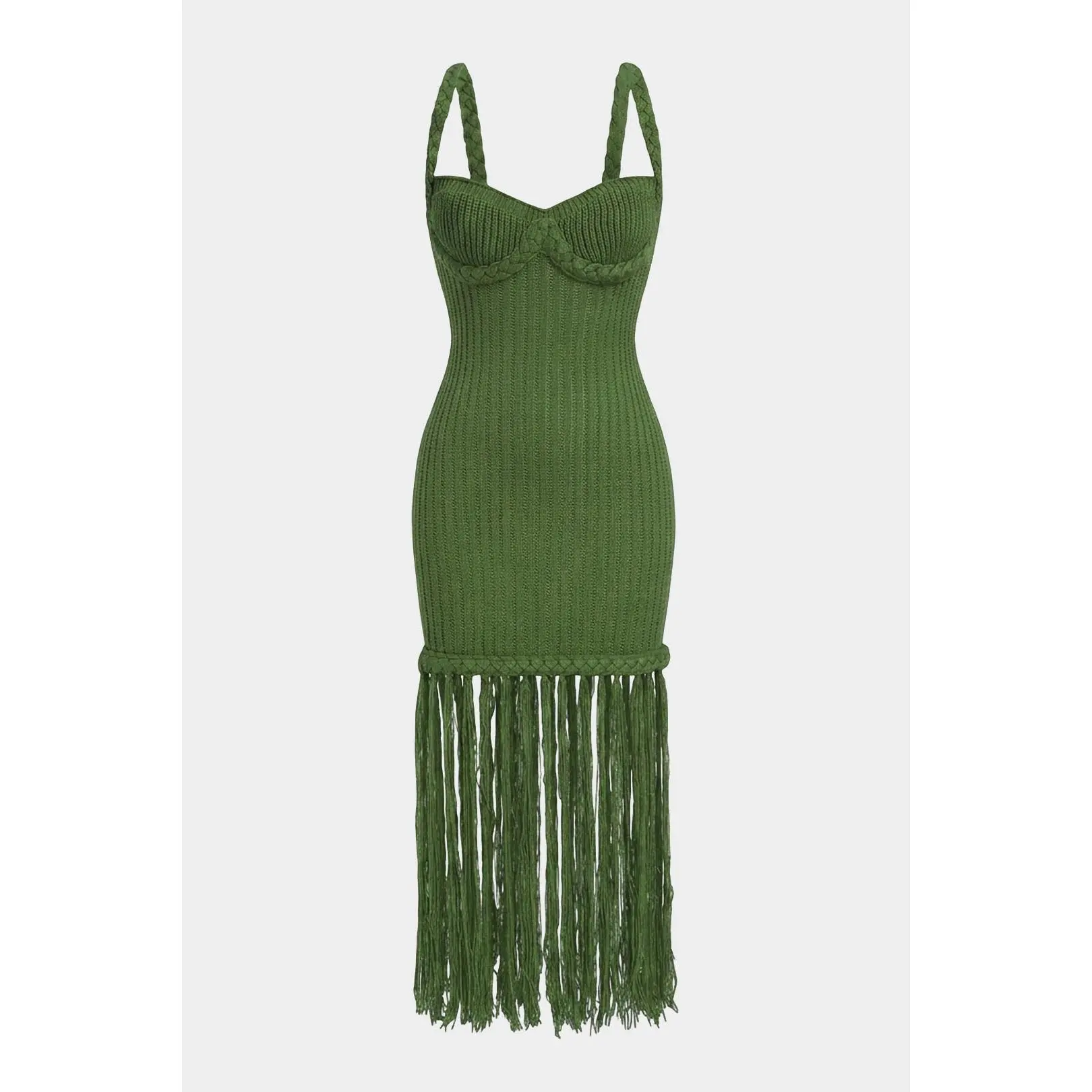 Women's Fitted Casual Open-Knit Braided Fringe Polyester Sleeveless Midi Dress