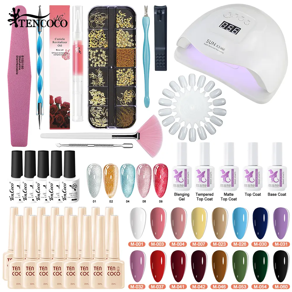 TENCOCO Complete Nail Salon Kit: UV Nail Lamp + Gel Polish Set + Cat Eye Gel + Functional Glues + Manicure Tools Complete Bundle