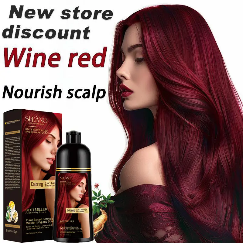 Hair Dye Shampoo （300ml）3 In 1 Herbal Hair Dye Color Shampoo Plant For Woman And Men Hair Dye For Gray And Dark Hair Wine Rend And Chestnut Brown And Black Four Colors Hair Dye Shampoo, Long Lasting & Coverage red wine Brush Nourish Scalp Haircare tiktoks