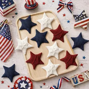 Daifunli 24 Pcs 4th of July Patriotic Ornaments Memorial Day Yarn Star Ornaments Handmade Burlap Red Blue White Star Vase Fillers Hanging 250th Anniversary Decorations for Home Small Tree Table Decor