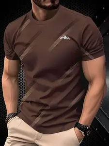 Men's New 3D Round Neck T-Shirt, Casual Polyester Knit Fabric, Slight Stretch, Short Sleeve, Minimalist Style, All Seasons