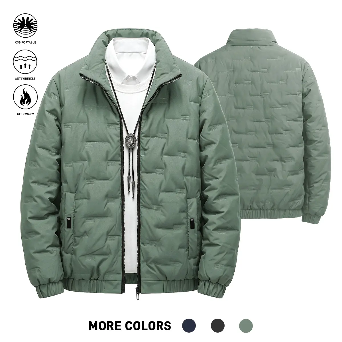 Men Back To School Quilted Insulated Jacket, Stand Collar Full‑Zip Lightweight Winter Outer Coat, Anti‑Wrinkle Coat with Elastic Cuffs & Elastic Hem for College Campus Fall Daily Outfits, Shell & Insulation: 100% Polyester