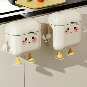 Cute Cartoon Design Hanging Kitchen Trash Can 2.38 Gallons Wall-mounted, Large-capacity Trash Can with Cover, Suitable for Kitchen/bathroom, Sealed and Deodorized, Waterproof, Durable, Rectangular, Cute Bins Trash Can Cute Bins Trashcan