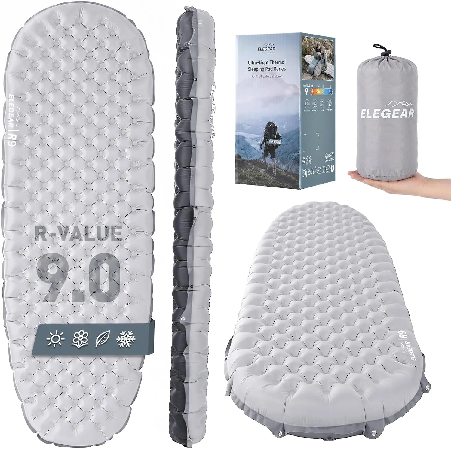 Elegear 4” Thick Sleeping Pad for Camping with 9 R-Value Insulated, Single | Cumbrex™ Backpacking & Inflatable Camping Mattress, Ripstop & Waterproof, All Season Used, Ultralight for Outdoor Hiking Tent
