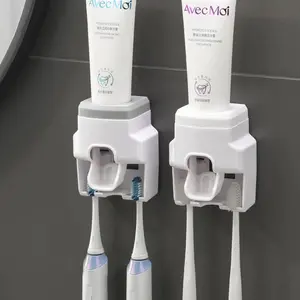 Wall-Mounted Toothpaste Dispenser Set, No Punch Design, Plastic Material, Easy-Use Toothbrush Holder, Ideal for Bathrooms