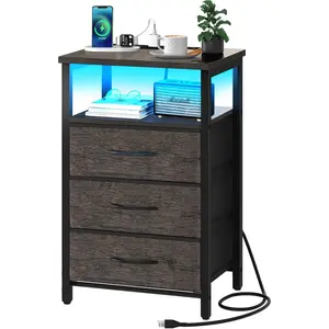 Night Stand with  Station, 20 Colors LED Nightstand with USB Ports and Outlets, End Table with 3 Fabric Drawers and Storage Shelf, Bedside Tables Small Dresser for Small Space, Gray