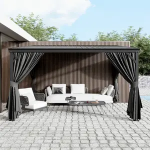 FUFU&GAGA 12x14/10x12 FT Wall Mounted Gazebo with Curtains & Netting, Hardtop Lean to Gazebo with Galvanized Iron Roof & Aluminum Frame, Outdoor Pergola for Patio, Deck, Backyard, Black