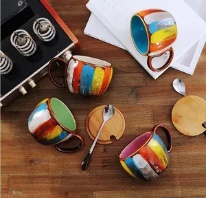 Handmade Ceramic Cup European Style 350ml Vibrant Blue Green Yellow Pink Coffee Mug with Lid Spoon Set