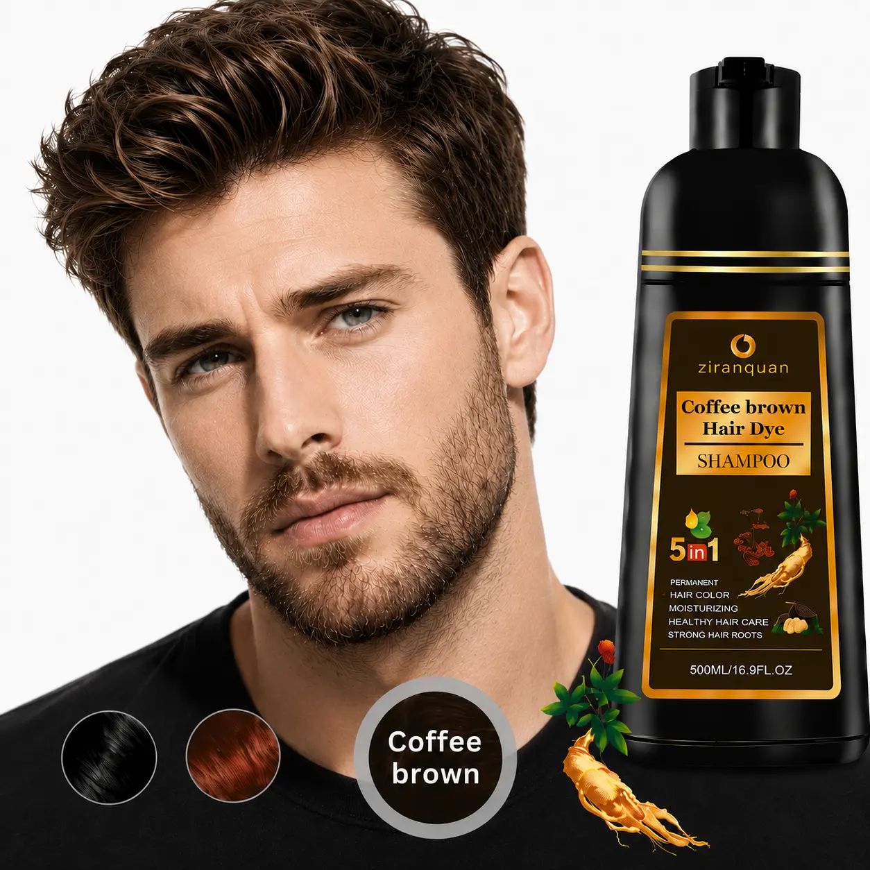 Easy At-Home Salon Medium Coffee Brown Hair Dye Shampoo for Women & Men, 100% Gray Coverage Color Depositing Shampoo, Ammonia-Free & Sulfate-Free Vegan Hair Color, 5-in-1 Nourishing Gentle Formula with Ginseng, Long Lasting Shine & Strength, 500ml