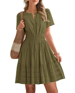BTFBM Womens Spring 2026 Casual Mini Dresses Lightweight Short Sleeve V Neck Elastic Waist Cute Boho Beach Dress Pockets