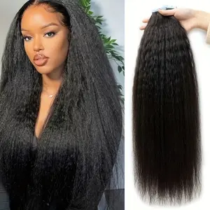 50pcs/30g Kinky Straight Tape In Human Hair Extensions, Cuticle Remy Yaki Hair, Seamless Blending, Natural Black #1B, 12-28 Inches, Long-Lasting & Gentle, For Protective Styling