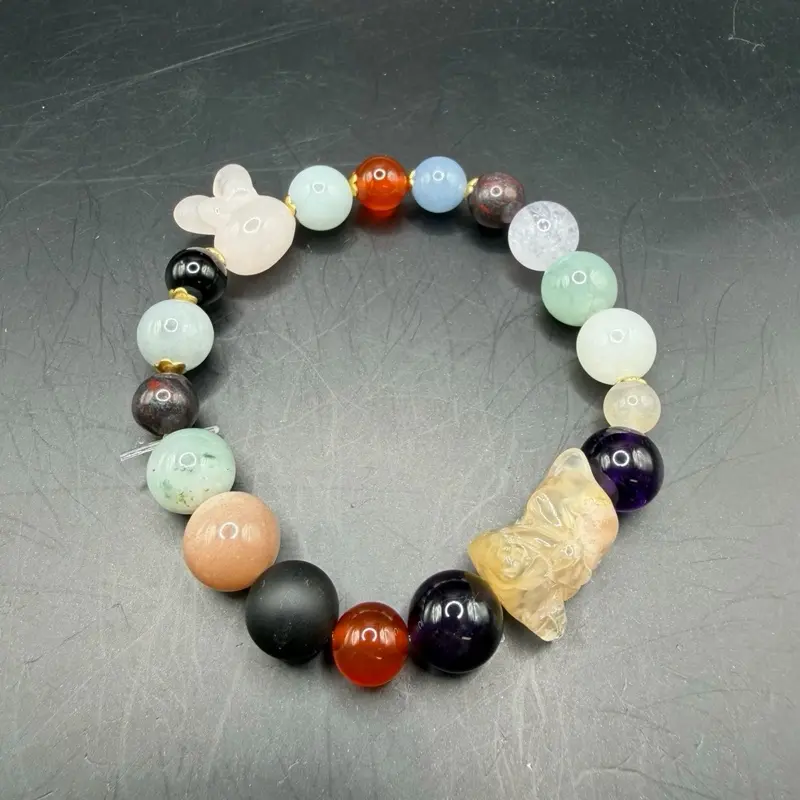 Pretty Crystal-and-Jade Mixed Beaded Bracelet for Adults, Crystal Design Spiritual Healing Jewelry with Cat and Bunny Charms