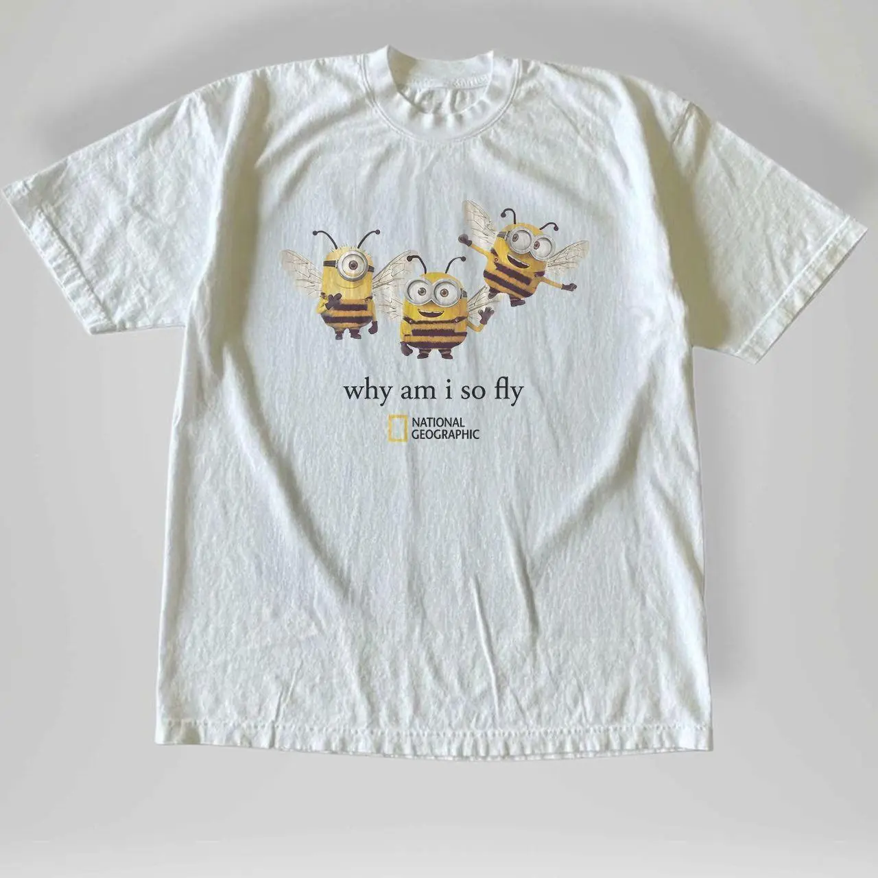 Vintage Style Minions Bee Graphic Tee Why Am I So Fly National Geographic Funny Cartoon White T-Shirt