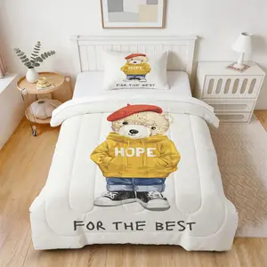 Retro Preppy Style Cute Teddy Bear Comforter Set, 1 Comforter with 1/2 Pillowcases, All-Season Bedding for Bedroom, Dorm & Guest Room, Decor for Teens & Boys