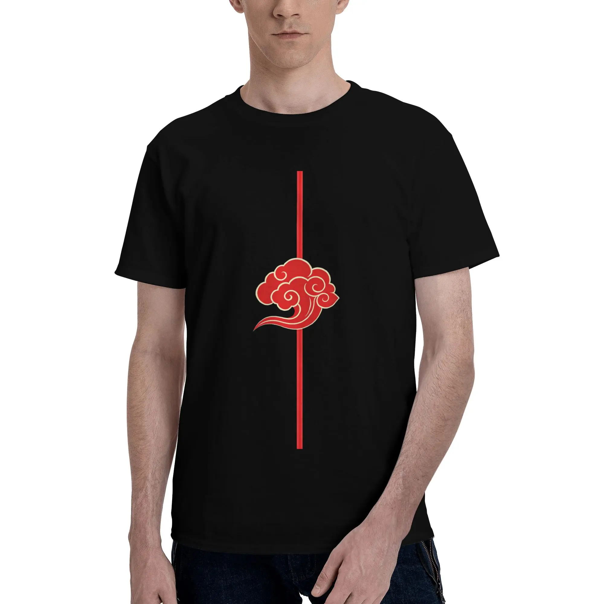 Oriental Auspicious Cloud Graphic Men's Black T-Shirt Minimal Red Vertical Stripe Streetwear Tee Menswear Top Tshirt