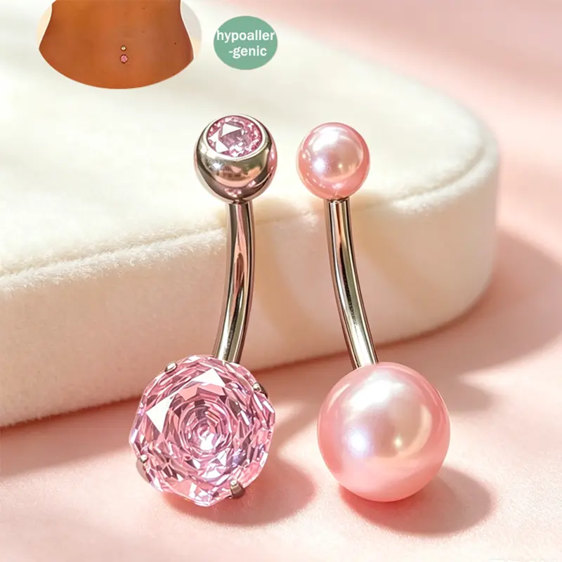 2pcs 14G Titanium Belly Button Rings,CZ Shiny Blooming Rose Shaped,F136 Pink Pearl Body Jewelry for New Belly Piercing Holes