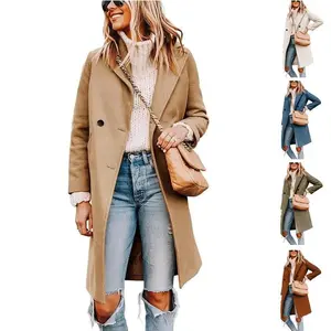 Women’s mid-length pea coat trench coat in a wool blend with notch lapels and double-breasted closure for winter