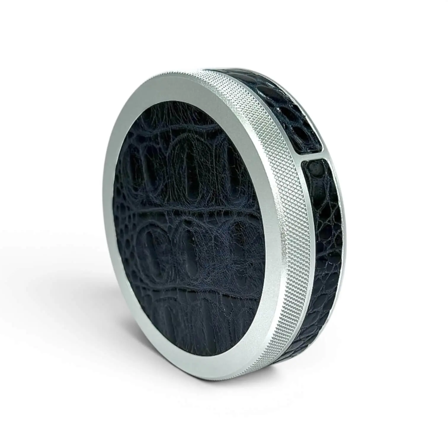 Silver on Midnight Blue Embossed Croc Ruk Can Slim | EDC Storage Can | Airtight Seal for Freshness | 100% Genuine Leather Top & Band | Anodized Aluminum Tin Can