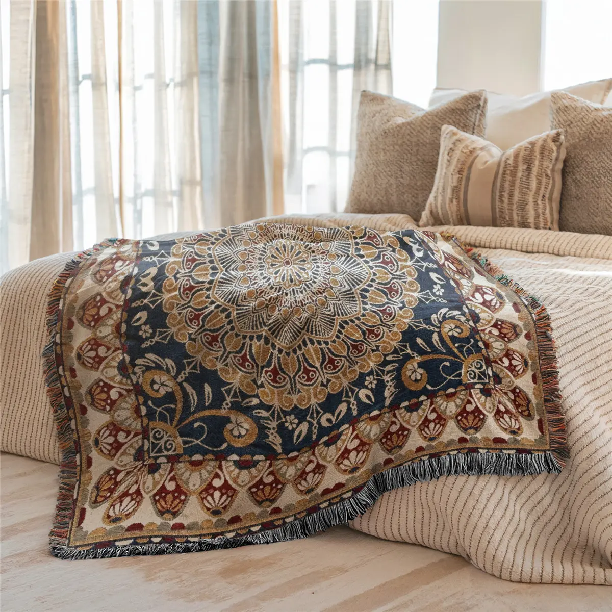 Multi-Function Tassel Woven Blanket, Boho Blanket, Machine Washable Blanket, Mandala Pattern Bed Blanket, Sofa Cover, Couch Throw, Home Decor, Furniture Slipcover, Tablecloth, Shawl, Outdoor Picnic, Camping
