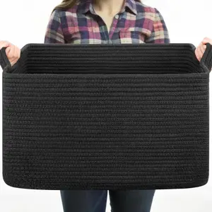 Large Blanket Basket, Black Blanket Storage Living Room, Rectangle Woven Baskets for Storage Toys, Towels, Dirty Clothes Organizer Bins (Black)
